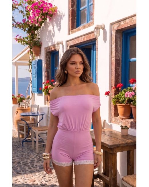 Rebellious Fashion Pink Off Shoulder Bardot Lace Trim Playsuit