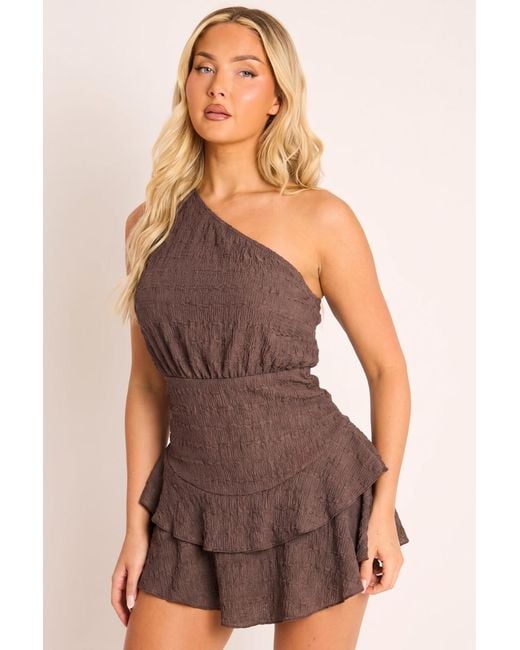 Rebellious Fashion Brown One Shoulder Textured Flippy Playsuit