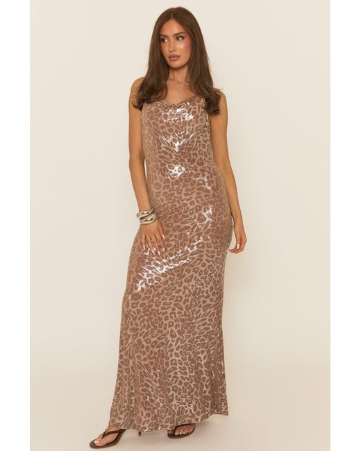 Rebellious Fashion Natural Rose Leopard Cowl Maxi Dress
