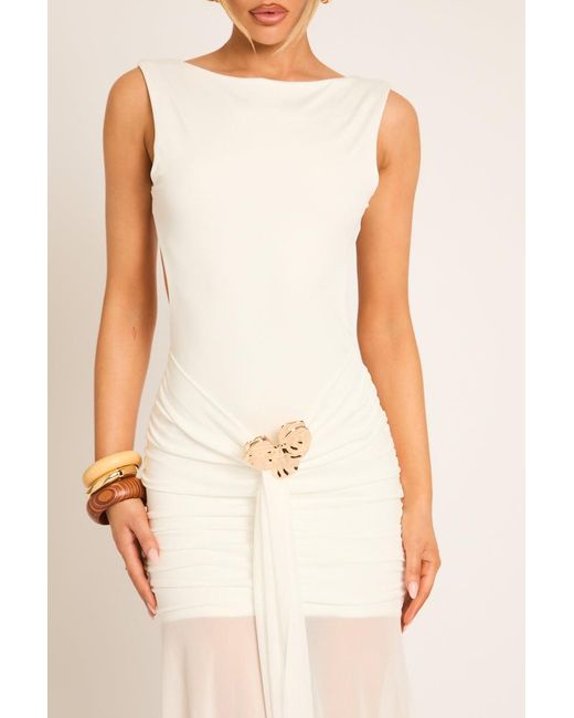 Rebellious Fashion Natural Trim Detail Mesh Overlay Maxi Dress