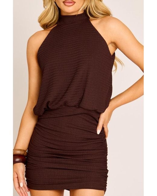 Rebellious Fashion Brown Textured Halter Blouson Mini Dress
