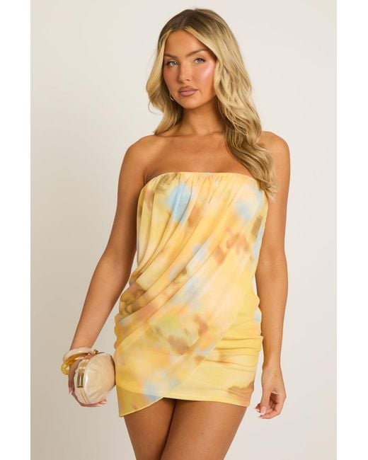 Rebellious Fashion Brown Abstract Print Bandeau Mesh Overlay Mini Dress