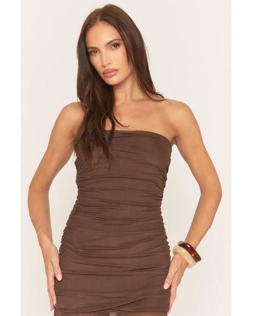 Rebellious Fashion Brown Bandeau Asymmetric Waterfall Hem Mesh Maxi Dress