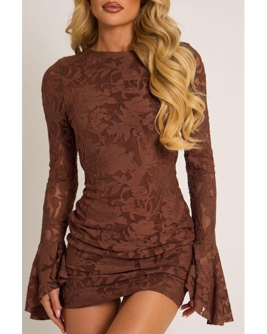 Rebellious Fashion Brown Burnout Floral Flare Sleeve Mini Dress