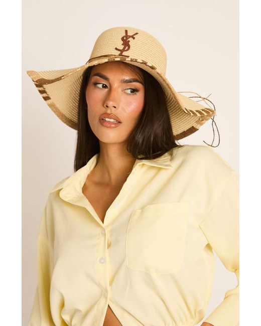 Rebellious Fashion Natural Woven Logo Detail Floppy Sun Hat
