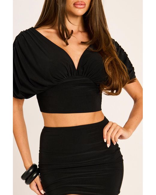 Rebellious Fashion Black Drape Crop Top And Mini Skirt Co-Ord Set