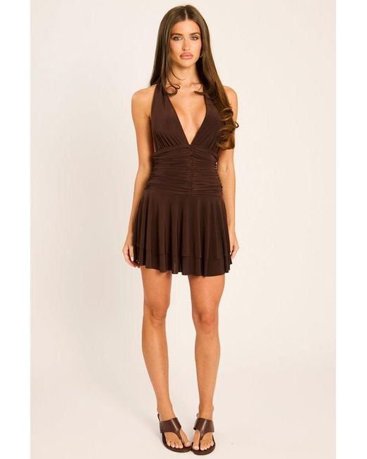 Rebellious Fashion Brown Ruched Tiered Frill Halterneck Mini Dress