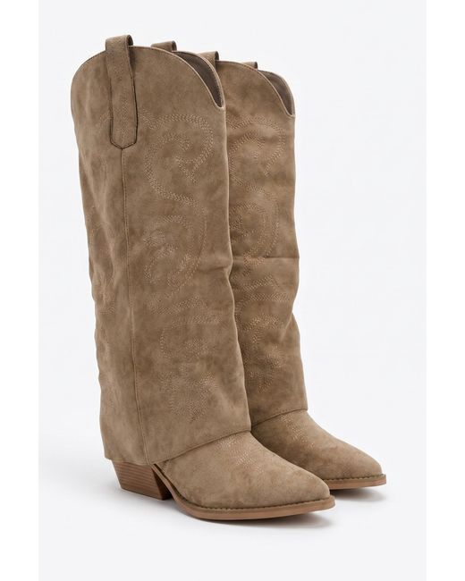 Rebellious Fashion Brown Faux Suede Layered Knee High Cowboy Boots