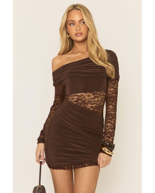 Rebellious Fashion Brown Lace Drape Front Mini Dress