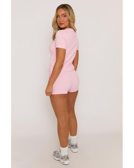 Rebellious Fashion Pink Rib Button Front Top And Short Loungewear Co-Ord Set