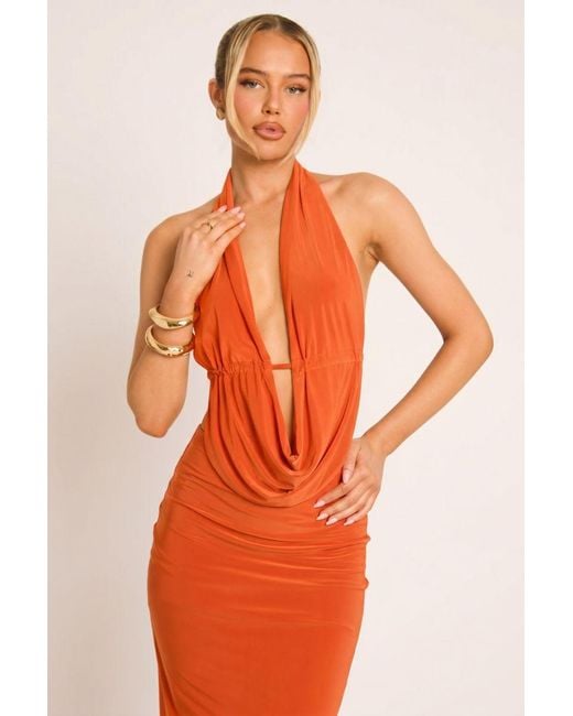 Rebellious Fashion Orange Cowl Plunge Halter Top And Maxi Skirt Co-Ord Set