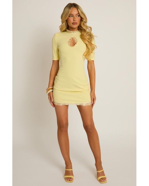 Rebellious Fashion Yellow Shoulder Pad Lace Trim Mini Dress