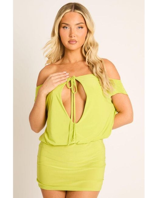 Rebellious Fashion Yellow Off Shoulder Keyhole Tie Front Mini Dress