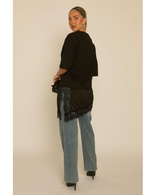 Rebellious Fashion Natural Satin Lace Hem Oversized T-Shirt