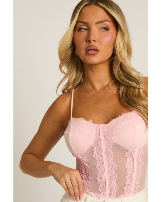 Rebellious Fashion Pink Lace Corset Detail Bodysuit