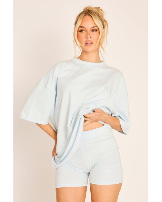 Rebellious Fashion Blue Light Rebellious Logo Oversized T-Shirt And Cycling Shorts Co-Ord