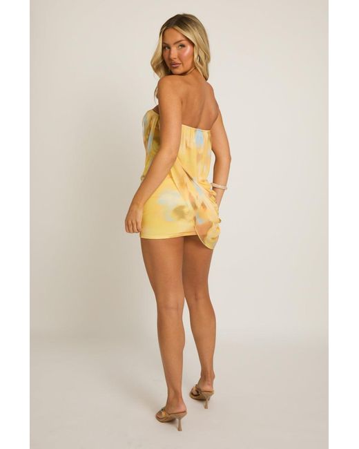 Rebellious Fashion Brown Abstract Print Bandeau Mesh Overlay Mini Dress