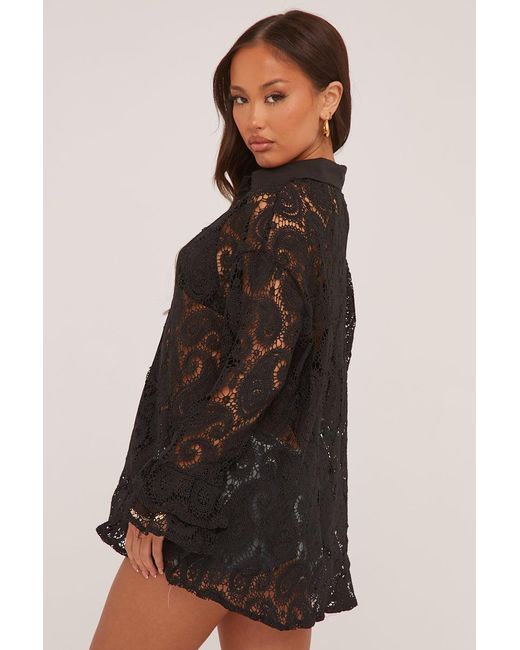 Rebellious Fashion Black Lace Button Up Frill Sleeve Shirt