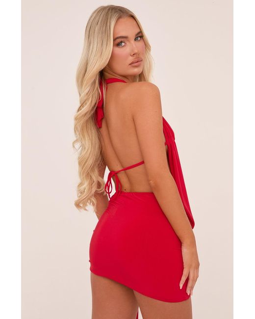 Rebellious Fashion Red Plunge Neck Cowl Detail Top & Mini Skirt Co-Ord Set