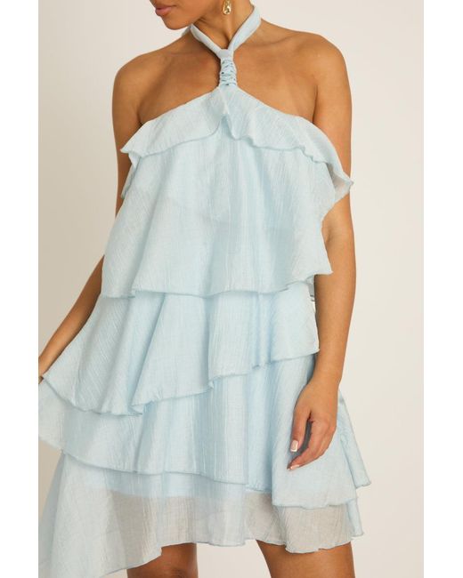 Rebellious Fashion Blue Ruffle Halterneck Mini Dress