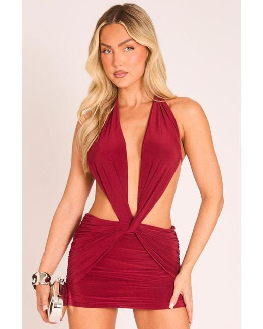 Rebellious Fashion Red Plunge Halterneck Draped Mini Dress