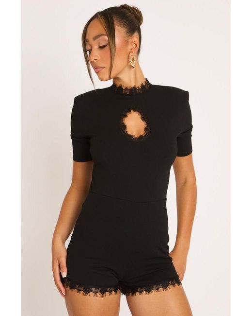 Rebellious Fashion Black Shoulder Pad Lace Trim Playsuit