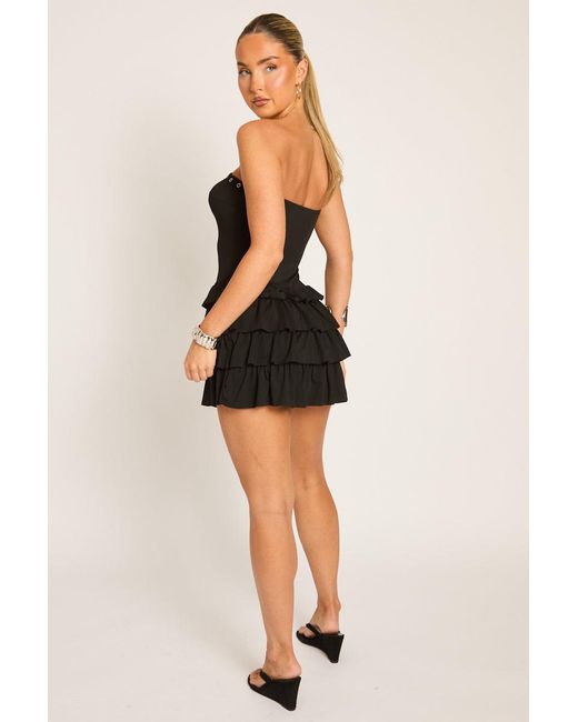 Rebellious Fashion Black Eyelet Detail Bandeau Frill Mini Dress
