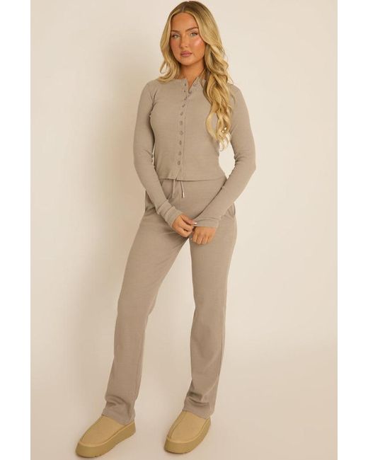 Rebellious Fashion Natural Ribbed Button Front Long Sleeve Top And Trouser Co-Ord