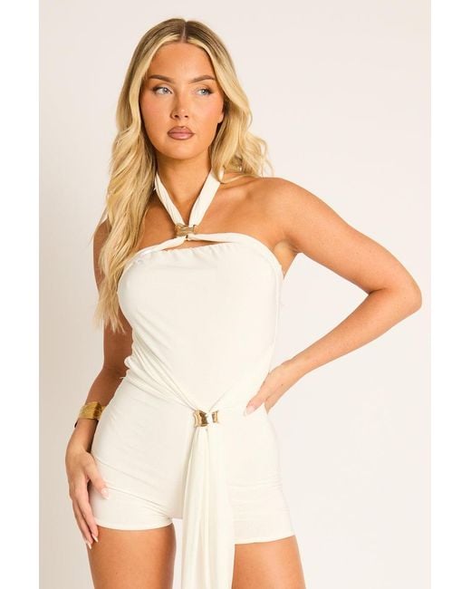 Rebellious Fashion White Trim Drape Detail Halterneck Playsuit