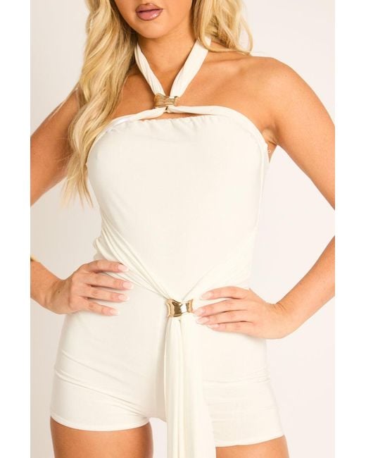 Rebellious Fashion White Trim Drape Detail Halterneck Playsuit