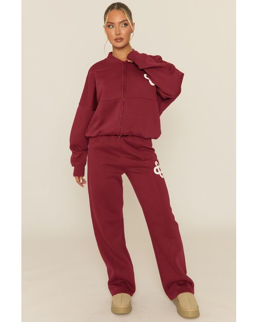 Rebellious Fashion Red Contrast Motif Zip Front Bomber And Joggers Loungewear Co-Ord Set