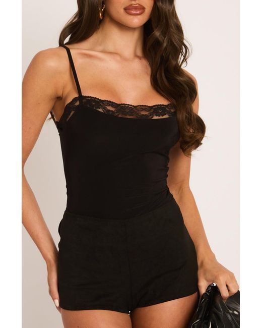 Rebellious Fashion Black Slinky Lace Trim Bodysuit