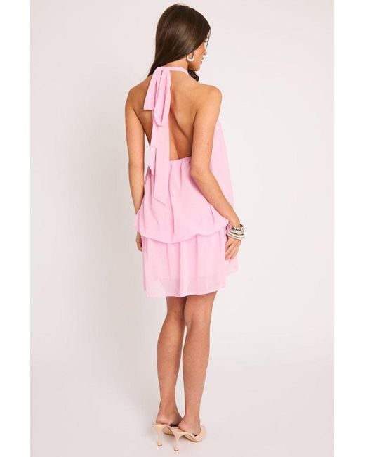 Rebellious Fashion Pink Halterneck Blouson Mini Dress