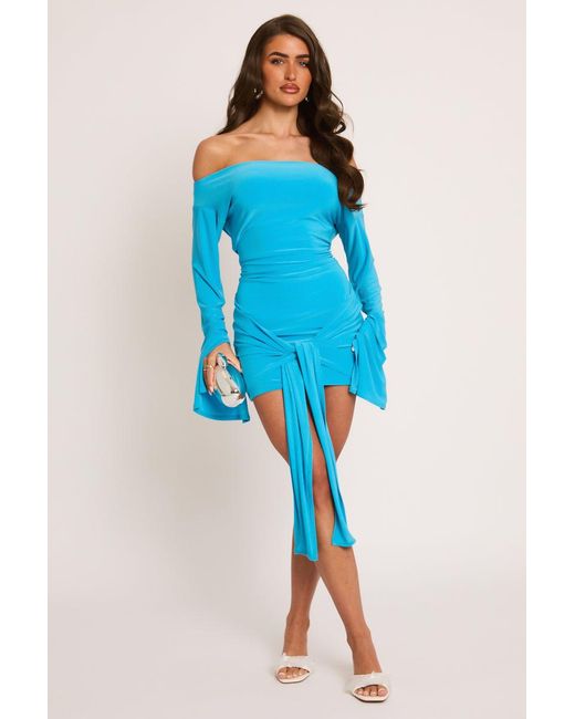 Rebellious Fashion Blue Electric Long Flared Sleeves Drape Detail Bodycon Mini Dress