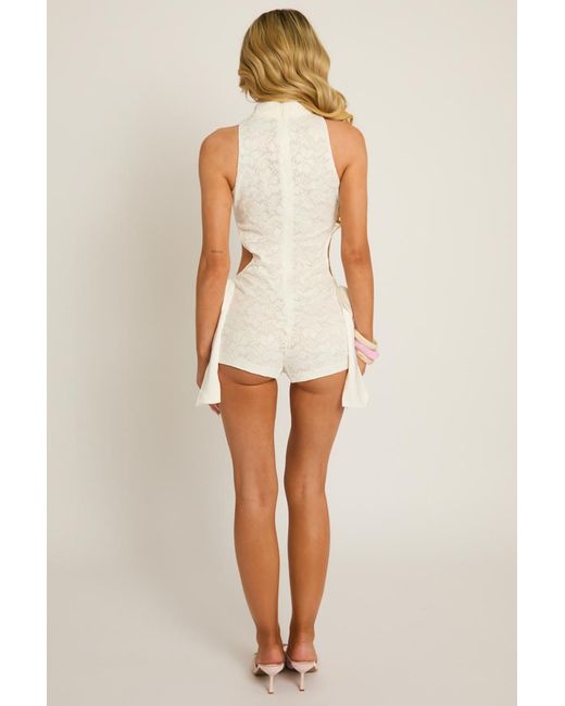 Rebellious Fashion Natural Lace Cut Out Bow Detail Playsuit