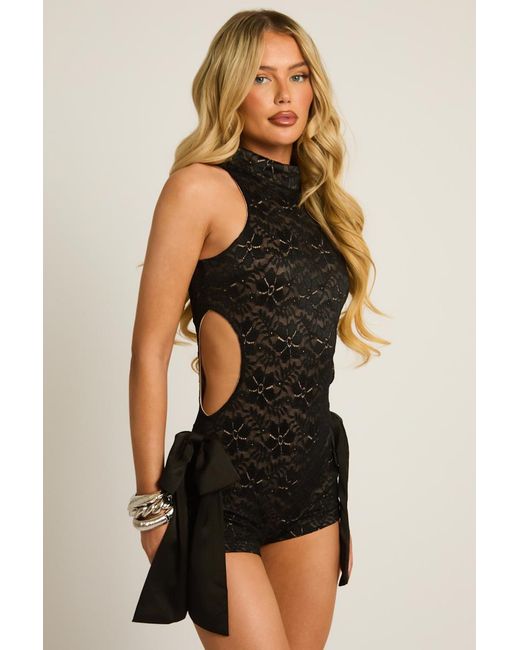 Rebellious Fashion Black Lace Cut Out Bow Detail Playsuit