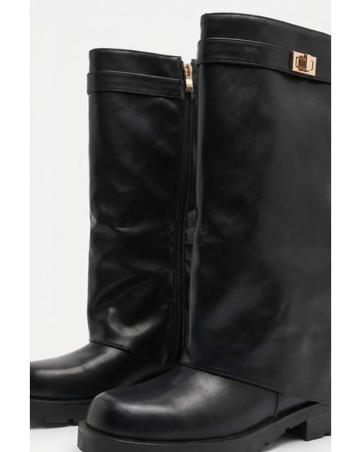 Rebellious Fashion Black Pu Trim Detail Layered Chunky Knee High Biker Boots
