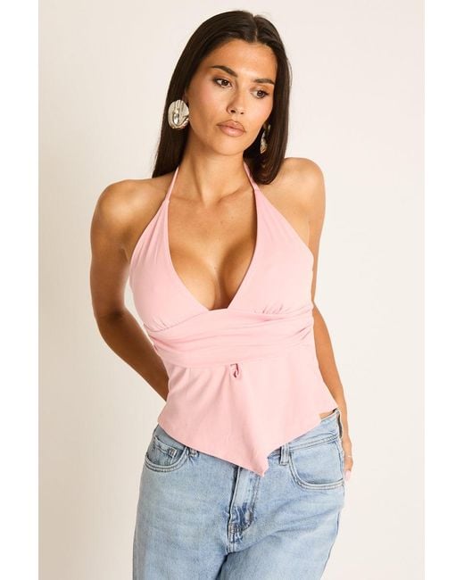 Rebellious Fashion Pink Plunge Halterneck Top