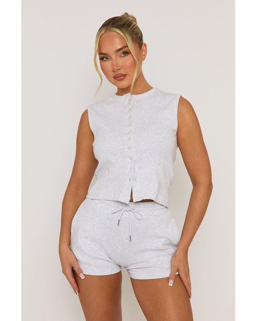 Rebellious Fashion White Sleeveless Button Front Rib Top And Short Loungewear Co-Ord Set