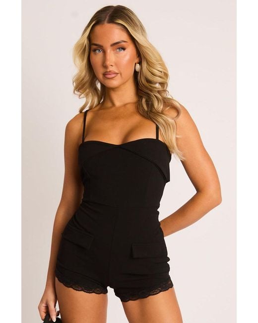 Rebellious Fashion Black Lace Detail Tailored Playsuit