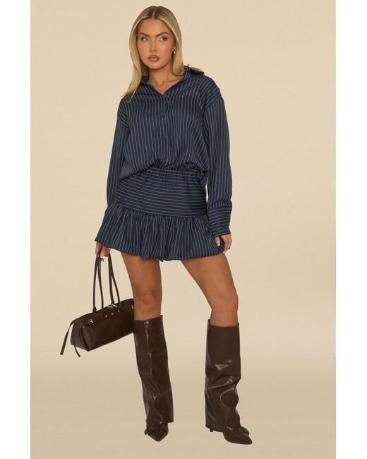 Rebellious Fashion Blue Pinstripe Shirt And Puffball Skirt Co-Ord Set