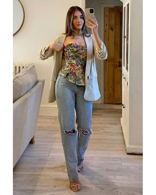 Rebellious Fashion Blue Mid Wash Denim Distressed Knee Extra Long Jeans