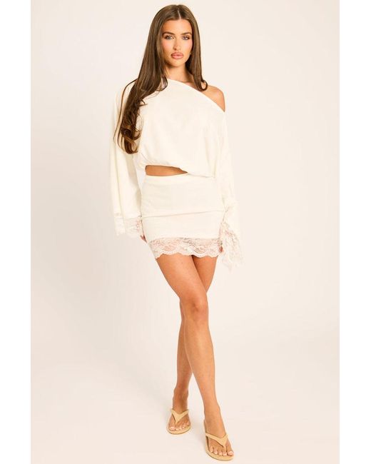 Rebellious Fashion Natural Off Shoulder Lace Trim Top And Mini Skirt Co-Ord Set