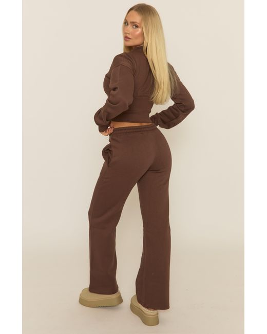 Rebellious Fashion Natural Popper Front Cinched Waist Sweatshirt And Wide Leg Trousers Loungewear Co-Ord Set