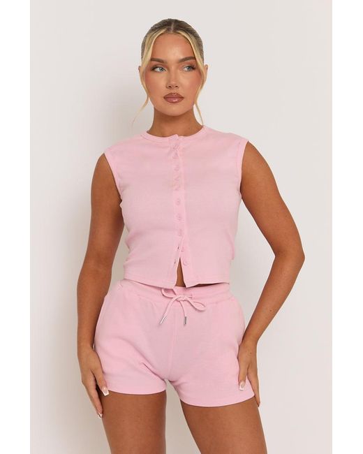 Rebellious Fashion Red Sleeveless Button Front Rib Top And Short Loungewear Co-Ord Set