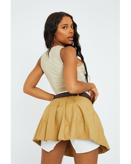 Rebellious Fashion Tan Low Rise Belted Tailored Micro Mini Skirt