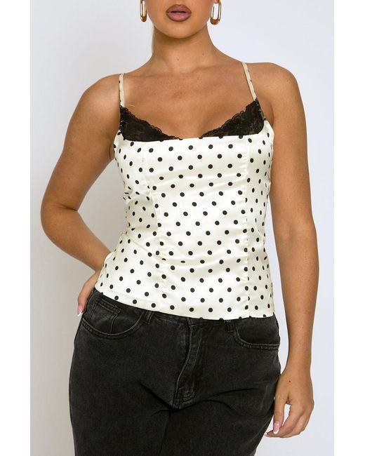 Rebellious Fashion Natural Satin Polka Dot Lace Trim Cami Top