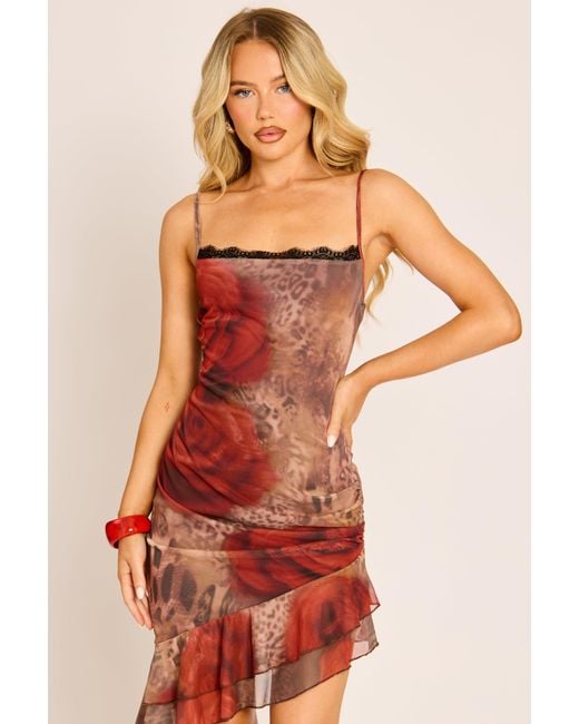 Rebellious Fashion Red Print Lace Trim Asymmetric Mesh Mini Dress