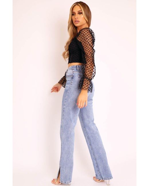 Rebellious Fashion Black Mid Wash Straight Leg Side Split Hem Jeans