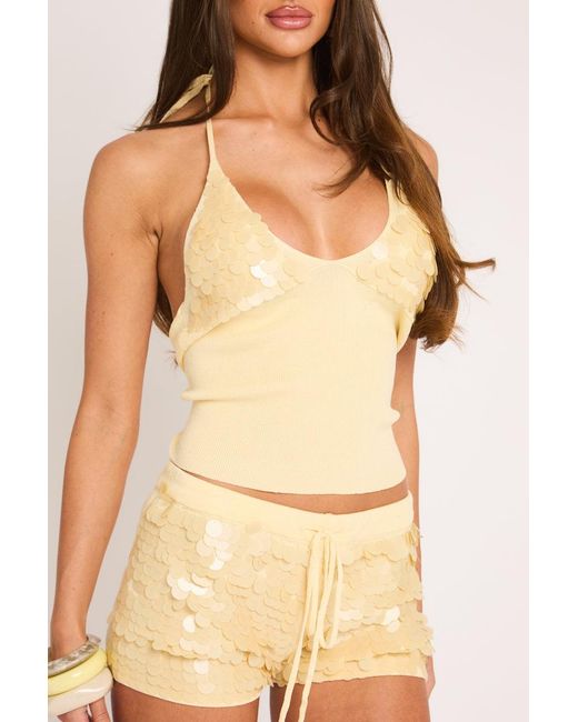 Rebellious Fashion Natural Knit Sequin Halter Top And Shorts Set